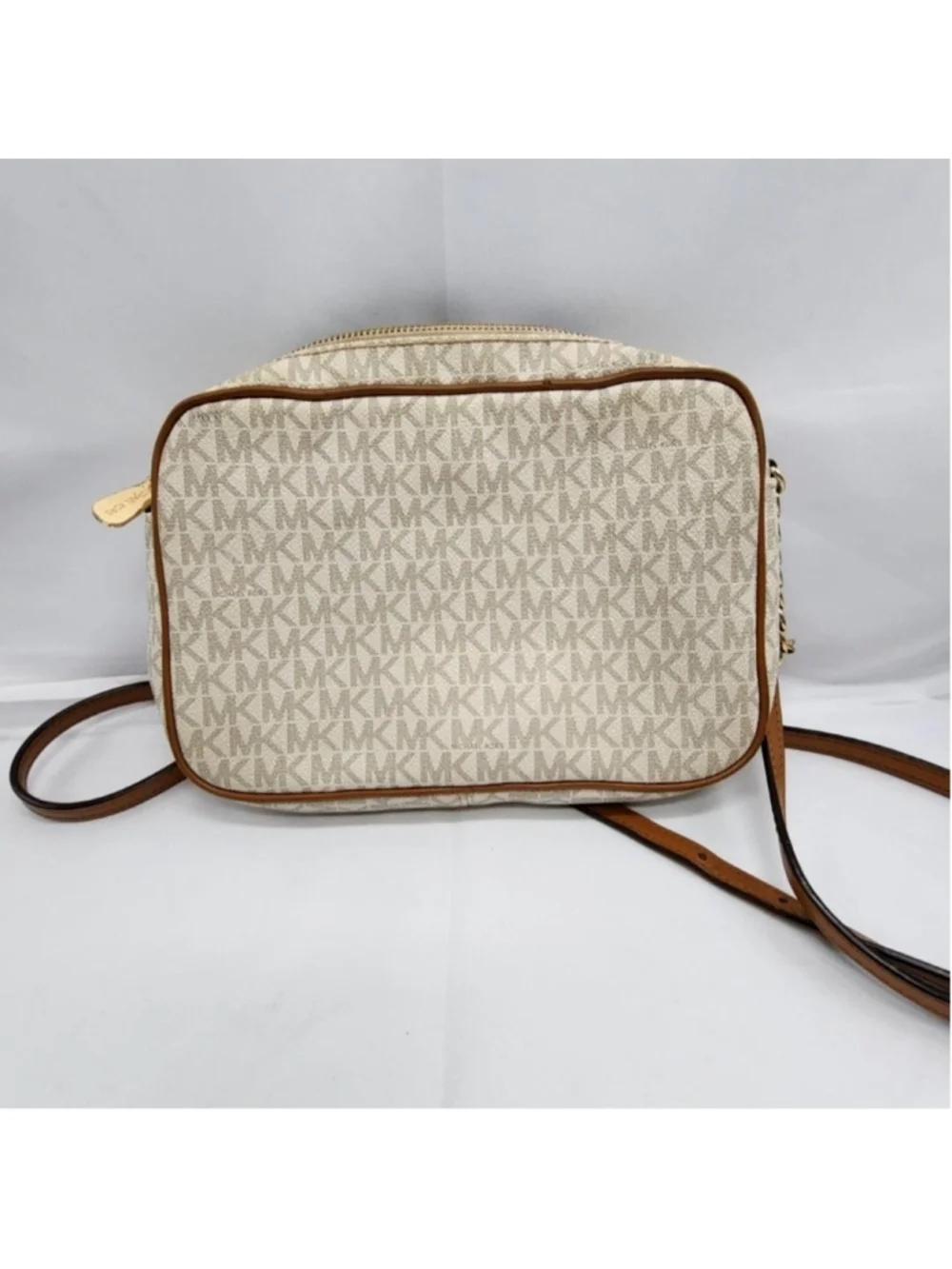 Michael Kors Crossbody Bag Womens Small Beige Logo Canvas Leather Purse Zip